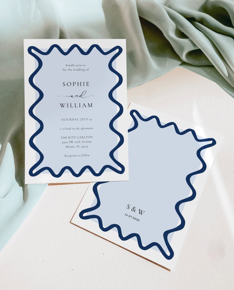 Wave Wedding Invitation Template Set, Minimalist Wedding Invitation Template Download, Editable Modern Wedding Invite Instant Download image 5