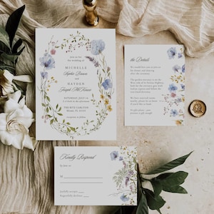 Wildblumen-Hochzeitseinladungsvorlage, Hochzeitseinladung, Hochzeitseinladung, Vintage-Blau, Blaue Wildblumen-Einladung, Blumenkranz, BELLA