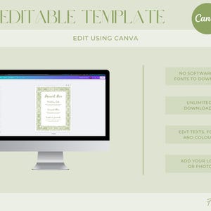 May include: A computer screen displaying a green and gold wedding dessert bar sign template that can be edited using Canva. The text on the screen reads "Dessert Bar". The text on the image reads "DIY EDITABLE TEMPLATE", "EDIT USING CANVA", "NO SOFTWARE OR FONTS TO DOWNLOAD", "UNLIMITED DOWNLOADS", "EDIT TEXTS, FONTS AND COLOURS", "ADD YOUR LOGO OR PHOTO", and "Forever Print".