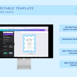 K&ouml;nnte beinhalten: Ein Computerbildschirm zeigt eine Canva-Designvorlage f&uuml;r eine Babyparty-Einladung. Die Vorlage ist blau und wei&szlig; mit dem Text "Oh Boy!" und einem wellenf&ouml;rmigen Rand. Der Bildschirm zeigt auch eine Seitenleiste mit Optionen zum Bearbeiten des Designs.