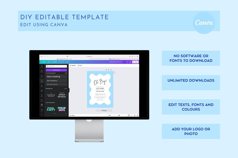 K&ouml;nnte beinhalten: Ein Computerbildschirm zeigt eine Canva-Designvorlage f&uuml;r eine Babyparty-Einladung. Die Vorlage ist blau und wei&szlig; mit dem Text "Oh Boy!" und einem wellenf&ouml;rmigen Rand. Der Bildschirm zeigt auch eine Seitenleiste mit Optionen zum Bearbeiten des Designs.