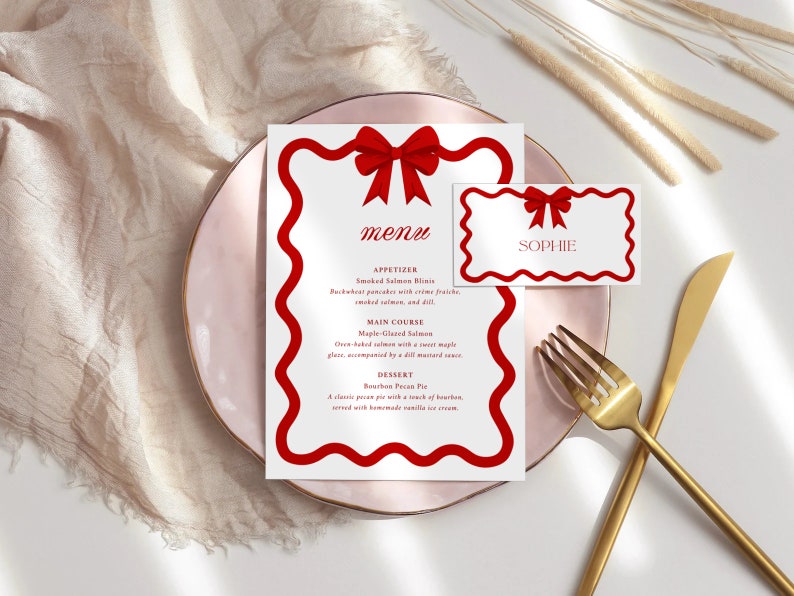 Christmas Menu Place Cards Template, Curvy Waves Menu, Printable Christmas Menu, Editable Template, Table Cards, Name Cards, Bow, CC2 image 6