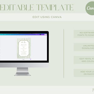 May include: A computer monitor displays a DIY editable template for Canva. The screen shows a vertical invitation design with a striped background and decorative frame. Text on the screen reads "The Jones" and other details. The image also includes text: "Edit using Canva."