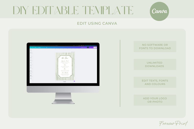 May include: A computer monitor displays a DIY editable template for Canva. The screen shows a vertical invitation design with a striped background and decorative frame. Text on the screen reads "The Jones" and other details. The image also includes text: "Edit using Canva."