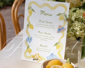 Lemon Summer Wedding Menu Template, Beach Theme Reception Menu, Editable Printable Dinner Menu, Citrus Watercolor Wedding Decor L10