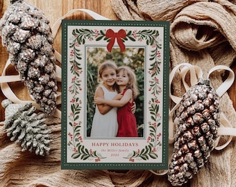 Botanical Holiday Photo Card Template, Green Red Christmas Card with Bow, Happy Holidays Card, Family Photo Card, Editable Canva Template