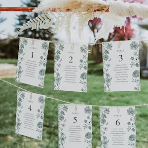 Groene bloemen bruiloft tafelnummers zitplaatsen grafiek, bewerkbare tafelnummers, bruiloft tafelnummers, bruiloft zitplaatsen grafiek, groene bloemen SK23