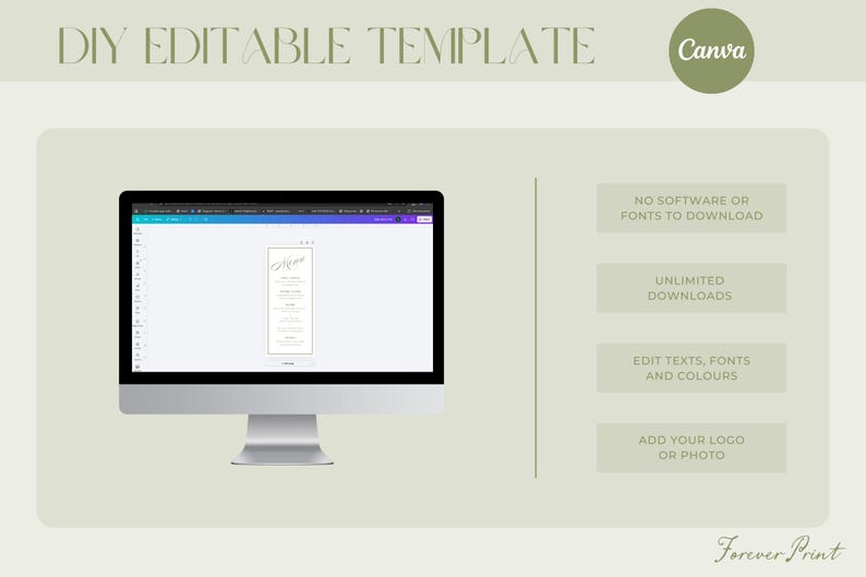 May include: A computer monitor displays a DIY editable template for a menu. The screen shows a menu design with elegant script. The image includes the text "DIY EDITABLE TEMPLATE" and "Canva". Additional text highlights features like no software download and unlimited downloads.