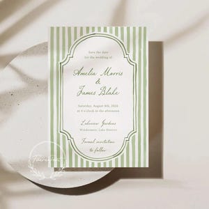 May include: A wedding invitation with a green and white striped design. The invitation includes the names "Amelia Morris & James Blake" and event details. The text reads "Save the date" and "Formal invitation to follow."