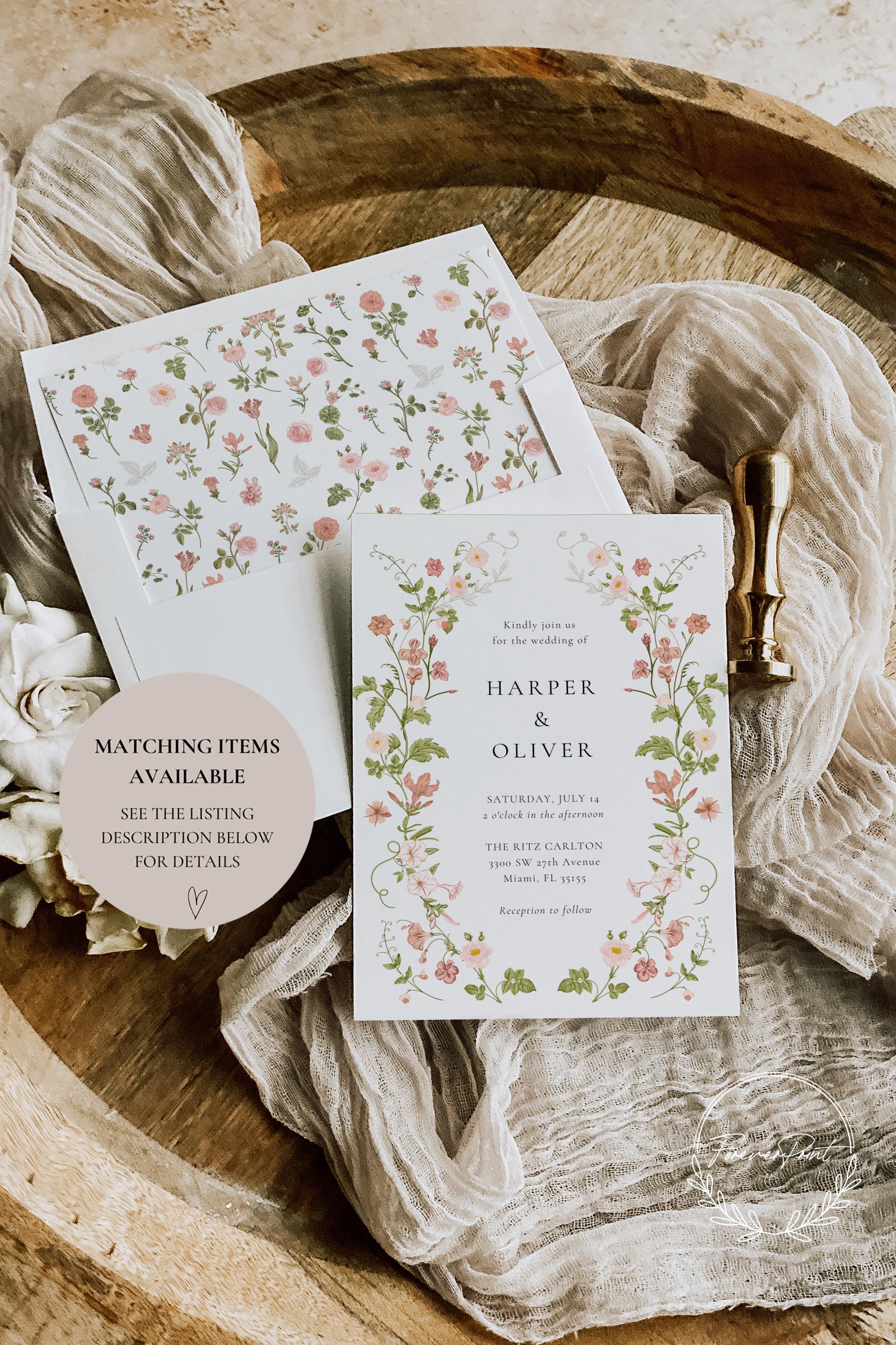 Romantic Floral Envelope Liner, Blush Pink Botanical Wedding Invitation ...