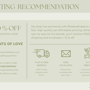 May include: An informational graphic with the text "PRINTING RECOMMENDATION" at the top. It includes details about a partnership with Prints of Love, offering fast, high-quality printing, free shipping, and envelopes. The coupon code FOREVERPRINT is also displayed.