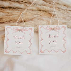 Modello per cartellino di ringraziamento con fiocco rosa, cartellino per bomboniere modificabile, biglietto di ringraziamento stampabile, cartellino per bomboniere, cartellini di ringraziamento rosa per baby shower, 012