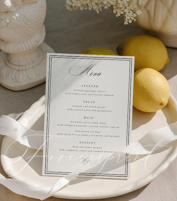 Elegant Wedding Menu Template, Formal Dinner Menu, Classic Black & White Editable Menu, Canva Template, Printable Reception Menu SCARLETT