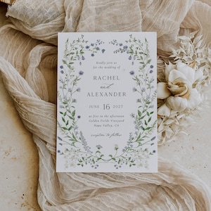 Modèle modifiable de faire-part de mariage - Design verdure floral bleu - Faire-part de mariage botanique bohème - Invitation imprimable élégante SS25