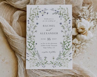 Editable Wedding Invitation Template - Blue Floral Greenery Design - Boho Botanical Wedding Invite - Elegant Printable Invitation SS25