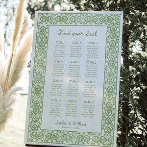 May include: A white wedding seating chart with green decorative borders and text. The sign reads "Find your Seat" and lists guest names under table numbers. The event is for Sophie & William, August 16th, 2026.
