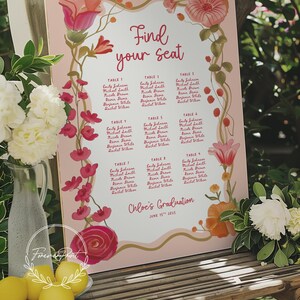 K&ouml;nnte beinhalten: Ein rosa Tischplan mit floralem Thema f&uuml;r Chloes Abschlussfeier, mit dekorativem Rand und den Worten "Find your seat". Die Tabelle listet Namen unter den Tischnummern auf, mit dem Datum 15. Juni 2025.