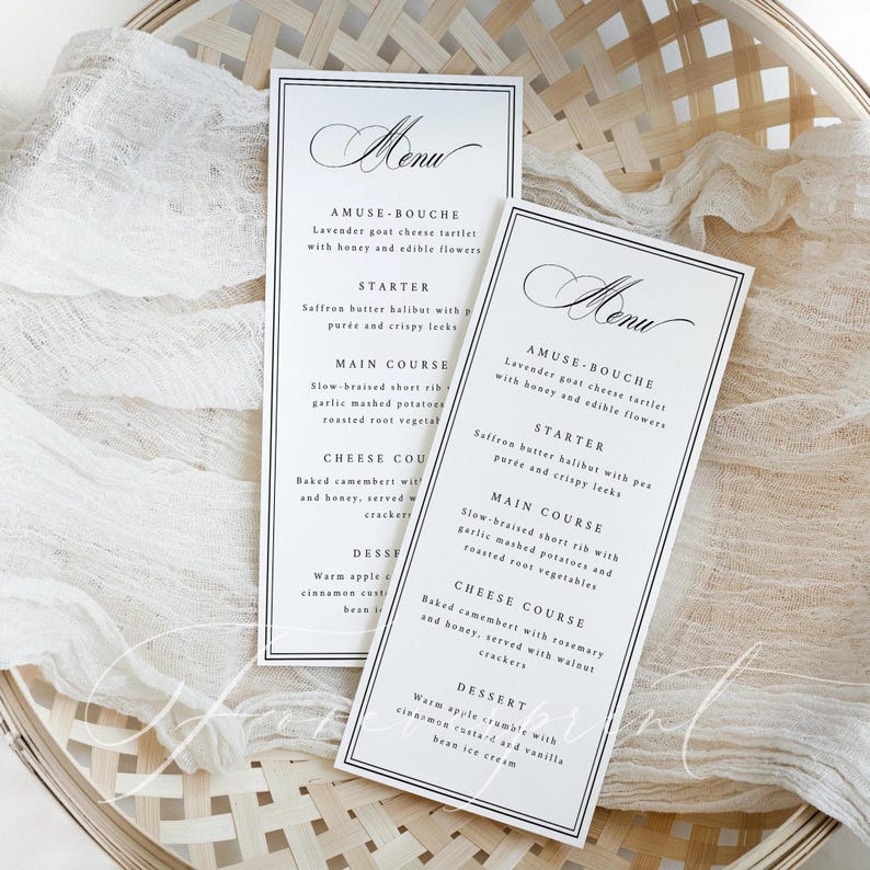 May include: Two elegant menu cards with black text on a white background. The menus feature a detailed list of courses, including an amuse-bouche, starter, main course, cheese course, and dessert. The cards are set in a woven basket.