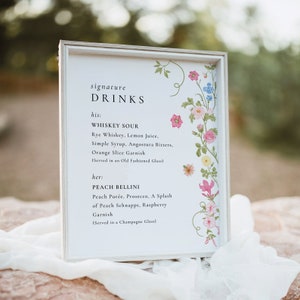 Enseigne pour boissons signature fleurs sauvages, enseigne pour boissons imprimable, menu de bar modifiable, carte de boissons signature, carte de cocktails, jardin floral mariage ROSIE