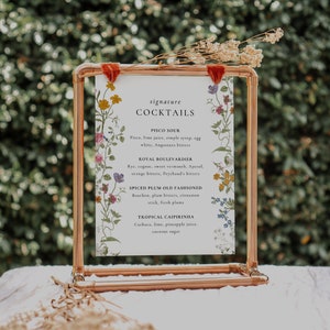 Enseigne pour boissons signature fleurs sauvages, enseigne pour boissons imprimable, menu du bar modifiable, carte des boissons signature, carte des cocktails, mariage dans le jardin floral WH1