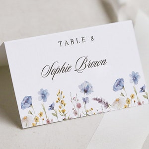 Modèle de cartes de place florales bleues, cartes de place imprimables, cartes de nom de mariage, mariage de fleurs sauvages, carte de table de fleurs bleues, carte de nom BELLA
