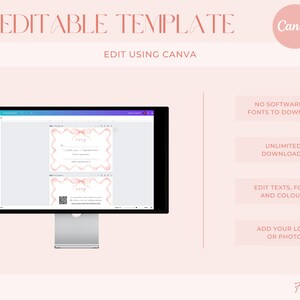 May include: A computer screen displaying a pink and white RSVP card template with a bow design. The text "RSVP" is visible on the card. The screen is on a white background. The text "DIY EDITABLE TEMPLATE" is at the top of the image. The text "EDIT USING CANVA" is below the screen. The text "NO SOFTWARE OR FONTS TO DOWNLOAD", "UNLIMITED DOWNLOADS", "EDIT TEXTS, FONTS AND COLOURS", and "ADD YOUR LOGO OR PHOTO" are in pink boxes on the right side of the image. The text "Forever Print" is at the bottom of the image.