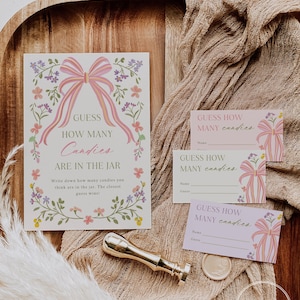 Zgadnij, ile cukierków jest w słoiku – gra znakowa – różowy kwiatowy baby shower i gra imprezowa, edytowalny szablon do wydruku, natychmiastowe pobranie LILA
