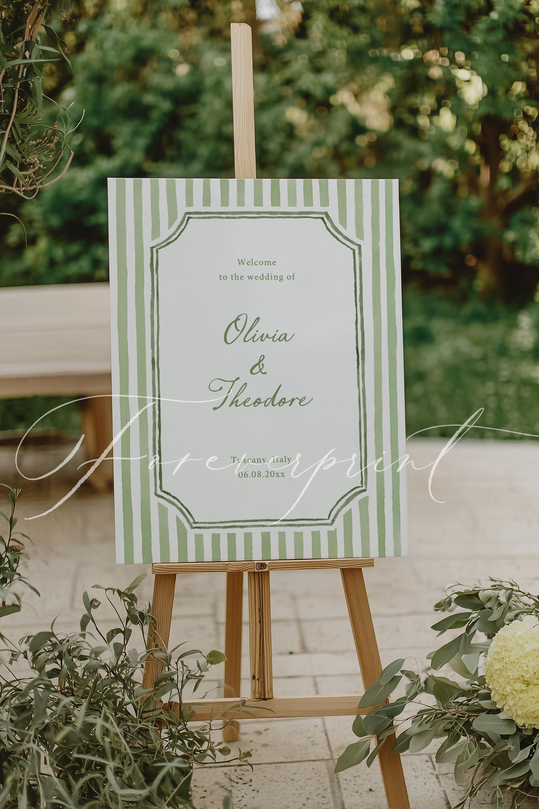 Sage Green Welcome Sign Template, Elegant Classic Wedding Sign, Editable Printable, Watercolor Stripes, Garden Wedding, Vintage Inspired 021