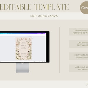 May include: A computer screen displaying a wedding invitation template with a floral design. The template is editable using Canva and features the text "Harper & Michael". The text "DIY Editable Template" is displayed at the top of the image, along with the Canva logo. The image also includes text describing the features of the template, such as "No software or fonts to download", "Unlimited downloads", "Edit texts, fonts and colours", and "Add your logo or photo".