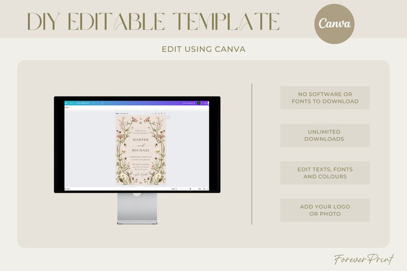 May include: A computer screen displaying a wedding invitation template with a floral design. The template is editable using Canva and features the text "Harper & Michael". The text "DIY Editable Template" is displayed at the top of the image, along with the Canva logo. The image also includes text describing the features of the template, such as "No software or fonts to download", "Unlimited downloads", "Edit texts, fonts and colours", and "Add your logo or photo".