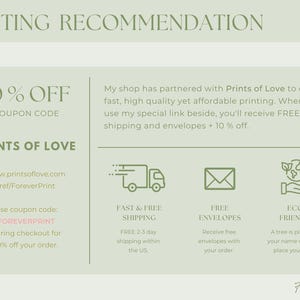 May include: A light green graphic with the text "PRINTING RECOMMENDATION" at the top. The graphic includes information about a 10% discount, the coupon code "FOREVERPRINT", and details about printing services.