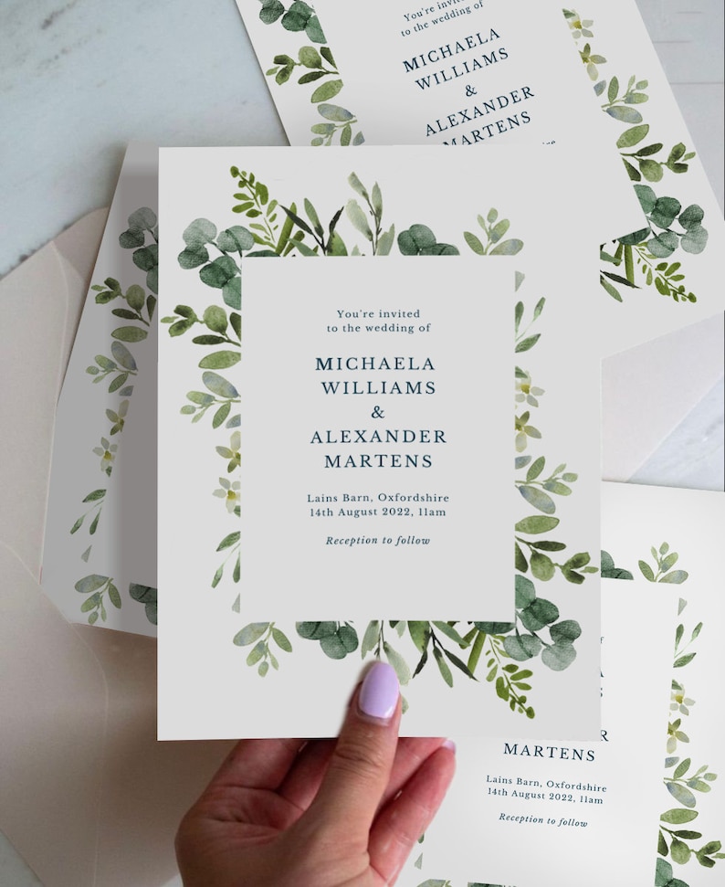 Greenery WEDDING INVITATION SET Template Download, Eucalyptus wedding invitation suite template, Modern wedding Invitation bundle leaves 50 image 3