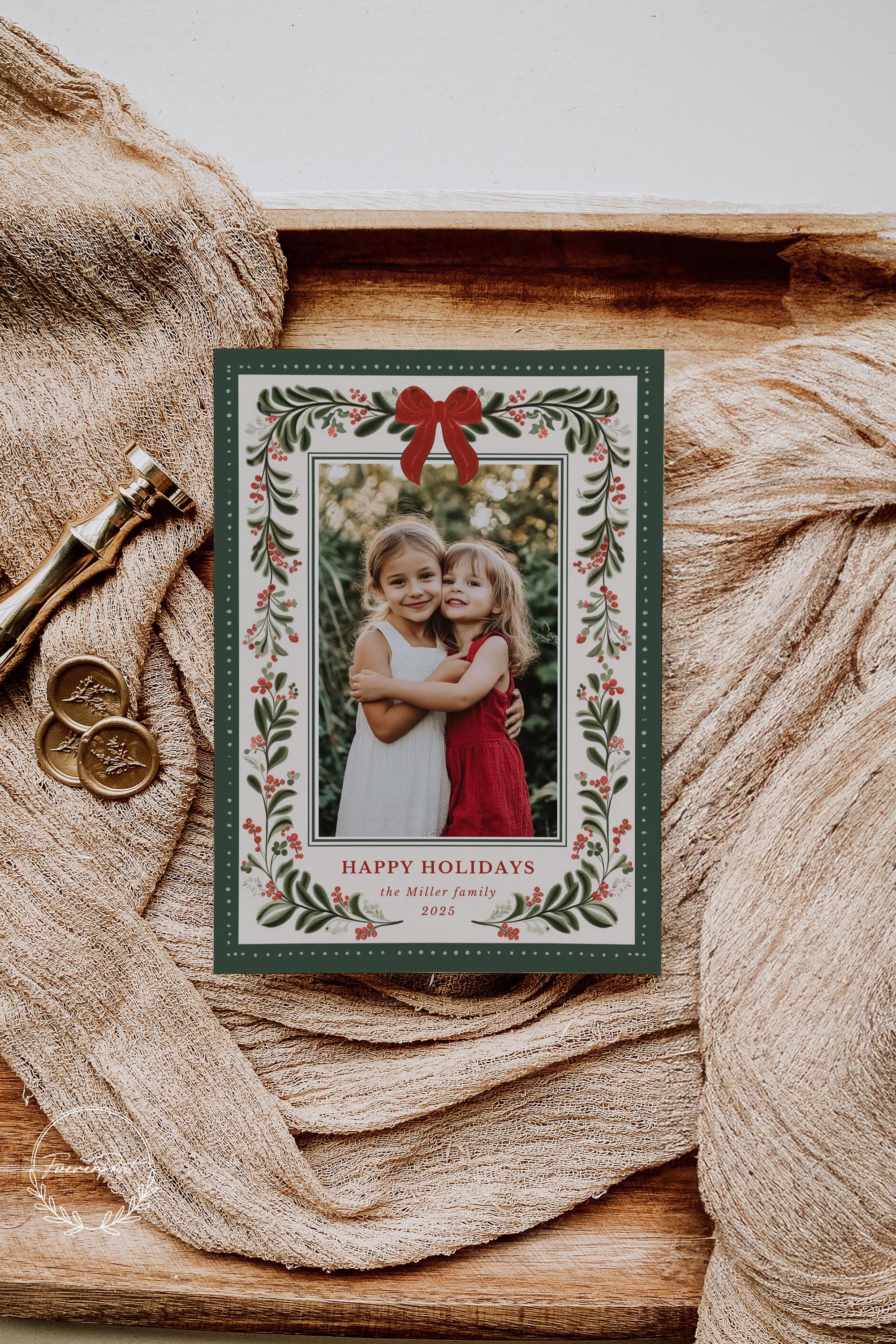 Botanical Holiday Photo Card Template, Green Red Christmas Card With