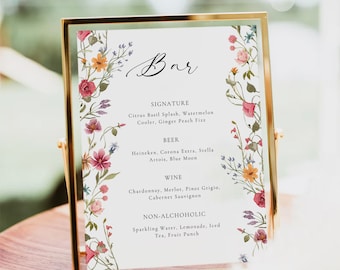 Letrero floral para bar, letrero de bebidas imprimible, menú de bar editable, menú de bebidas exclusivas, menú de cócteles, boda floral, letrero de flores silvestres EMMA
