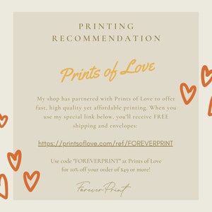 May include: A beige and orange graphic with the text "Prints of Love" and a link to the website printsoflove.com. The graphic also includes the text "FOREVERPRINT" and instructions to use the code for a discount on orders of $49 or more.