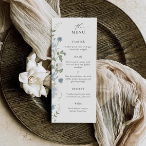 Plantilla de menú de flores silvestres azules, menú de despedida de soltera en el jardín, menú de eventos con flores bohemias, menú de bodas, diseño floral moderno bohemio / DESCARGA INSTANTÁNEA, NINA
