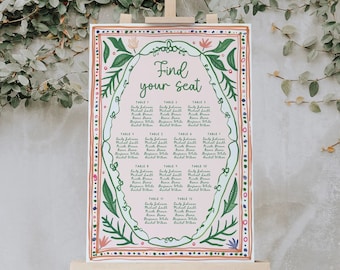 Colorful Floral Wedding Seating Chart, Printable Wedding Table Plan, Wedding Plan, Garden Wedding, Wedding Seating Floral Wedding Sign DAGNY