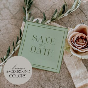 May include: A green save the date card with a white border and the text "Save the Date" in a modern font. The card also includes the date "28.09.2024" and the names "Evelyn & Charlie".