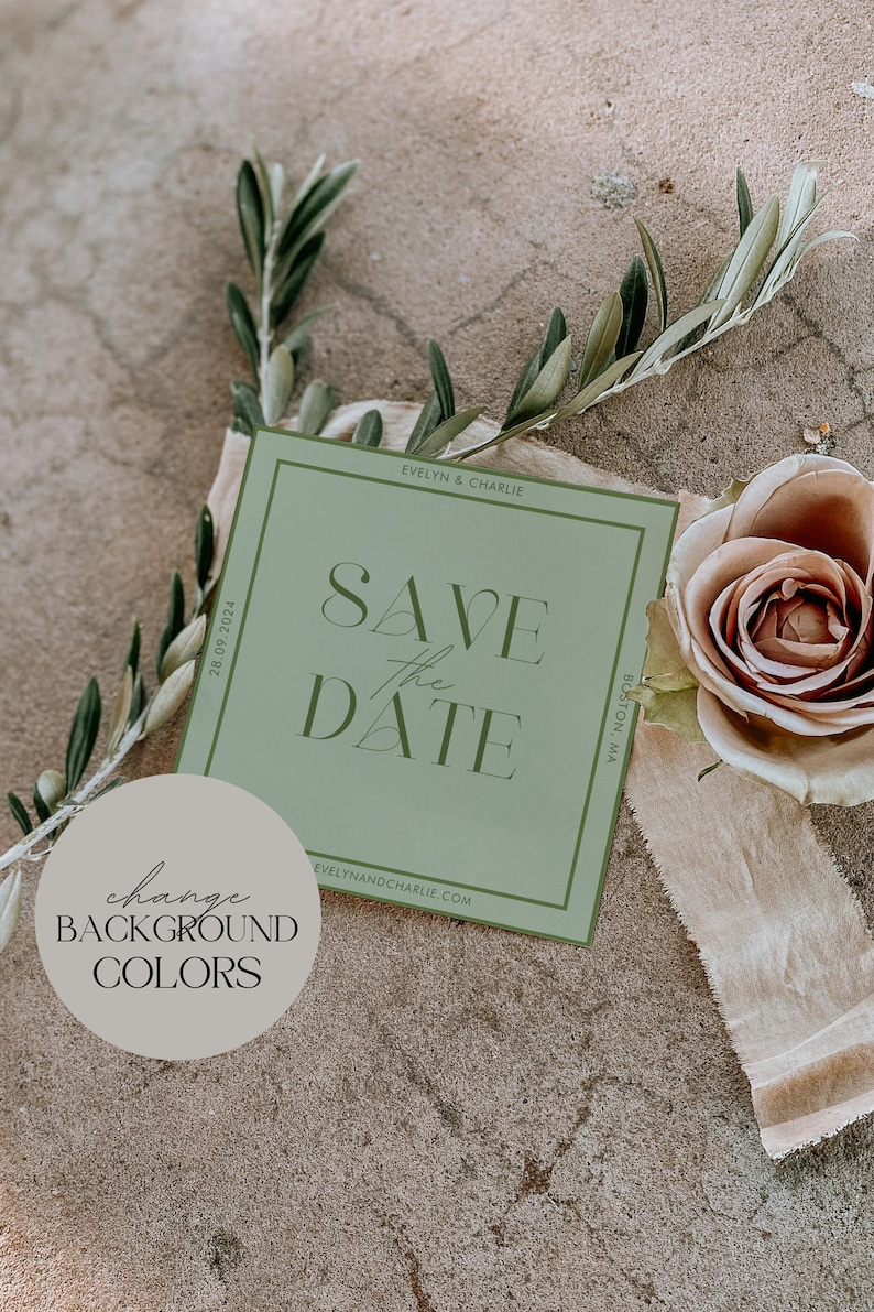 May include: A green save the date card with a white border and the text "Save the Date" in a modern font. The card also includes the date "28.09.2024" and the names "Evelyn & Charlie".