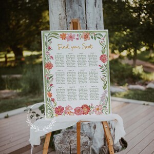 May include: A floral wedding seating chart on an easel. The sign reads "Find your Seat" in script. The border is decorated with pink, orange, and red flowers and green leaves. The names of the guests are listed under table numbers.