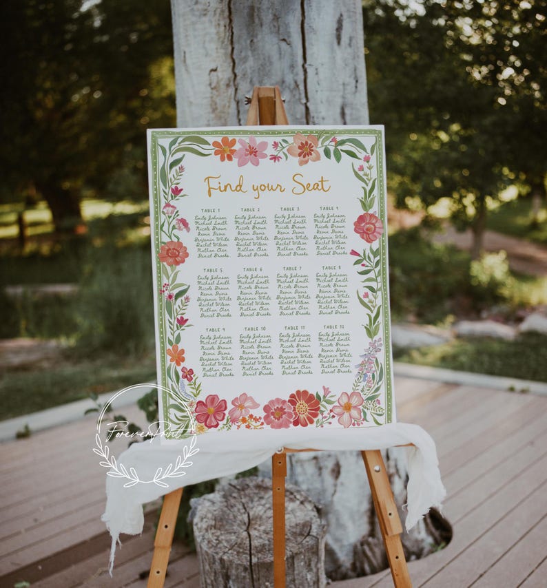 May include: A floral wedding seating chart on an easel. The sign reads "Find your Seat" in script. The border is decorated with pink, orange, and red flowers and green leaves. The names of the guests are listed under table numbers.