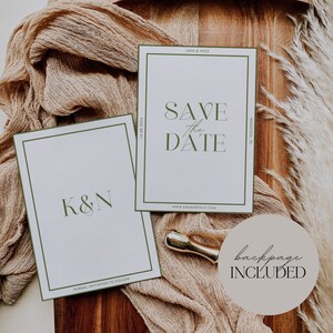 May include: Two white wedding announcement cards with green borders and text. One card reads "K&N" and "Formal Invitation to Follow." The other says "Save the Date" and "16.08.2024." A gold-colored pen and a "backpage included" sticker are also visible.