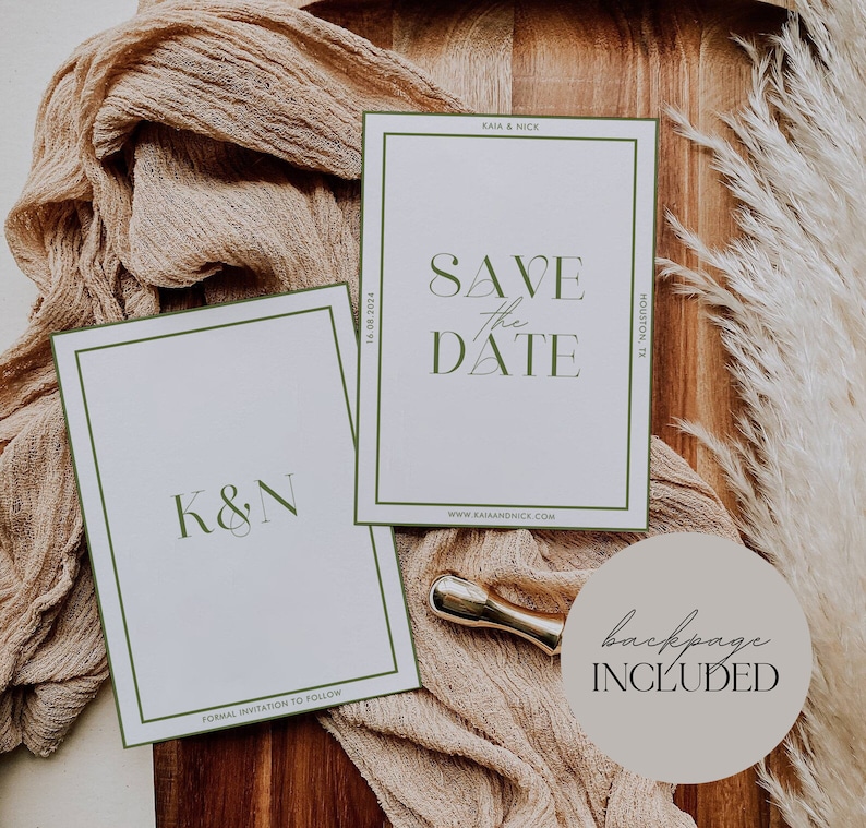 May include: Two white wedding announcement cards with green borders and text. One card reads "K&N" and "Formal Invitation to Follow." The other says "Save the Date" and "16.08.2024." A gold-colored pen and a "backpage included" sticker are also visible.