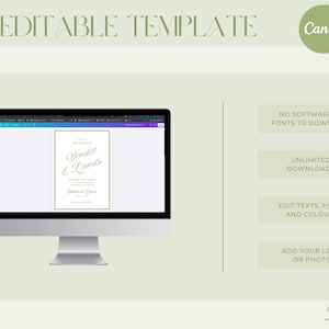 May include: A computer screen shows a wedding invitation template with the names "Scarlett & Lincoln." The image includes the text "DIY Editable Template" and "Canva." Additional text highlights features like no software download, unlimited downloads, and editing options.