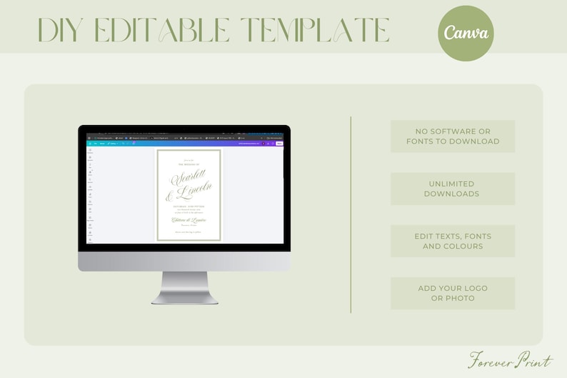 May include: A computer screen shows a wedding invitation template with the names "Scarlett & Lincoln." The image includes the text "DIY Editable Template" and "Canva." Additional text highlights features like no software download, unlimited downloads, and editing options.