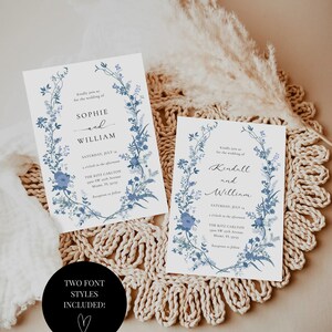 May include: Two wedding invitation templates with blue floral designs. The text on the invitations reads "Kindly join us for the wedding of Sophie and William" and "Kindly join us for the wedding of Kendall and William". Both invitations include the date, time, location, and reception information.