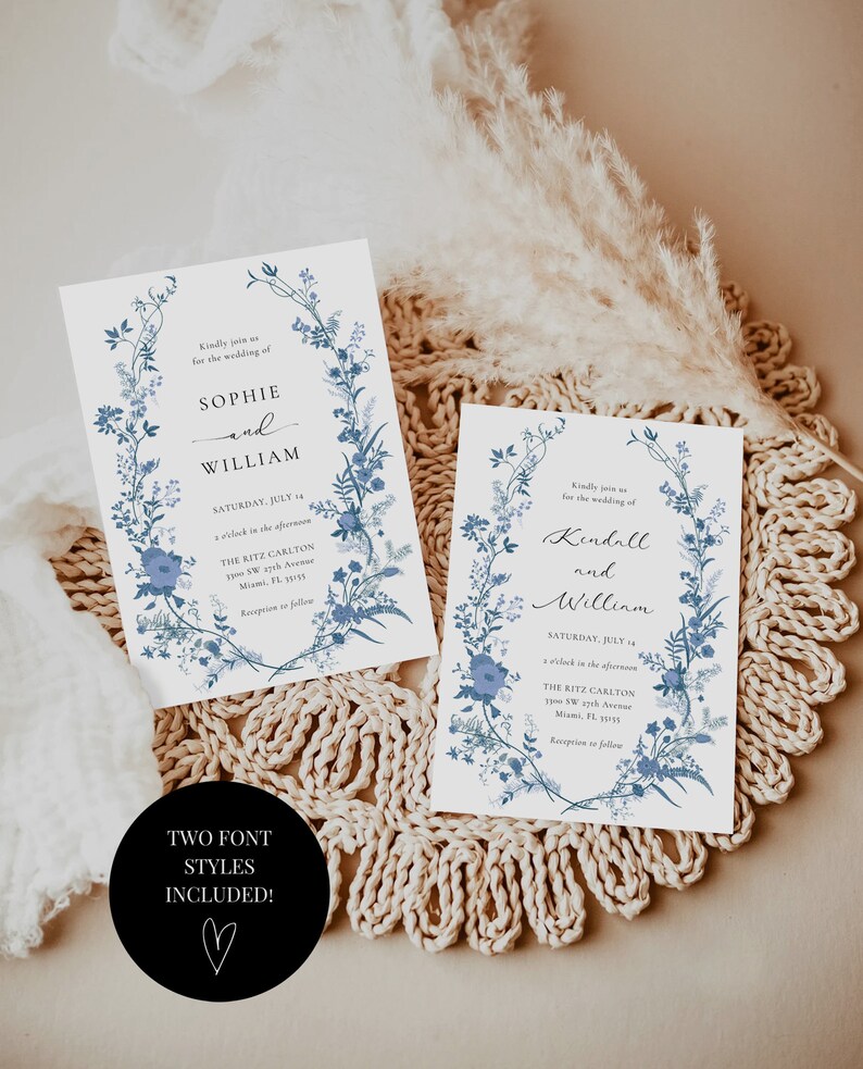 May include: Two wedding invitation templates with blue floral designs. The text on the invitations reads "Kindly join us for the wedding of Sophie and William" and "Kindly join us for the wedding of Kendall and William". Both invitations include the date, time, location, and reception information.