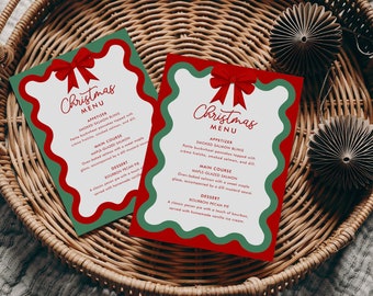 Modello menu di Natale, menu Onde sinuose, menu di Natale stampabile, modello modificabile, decorazione per festa di Natale, fiocco, nastro, CC24