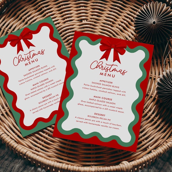 Christmas Menu Template, Curvy Waves Menu, Printable Christmas Menu, Editable Template, Christmas Party Decoration, Bow, Ribbon, CC24