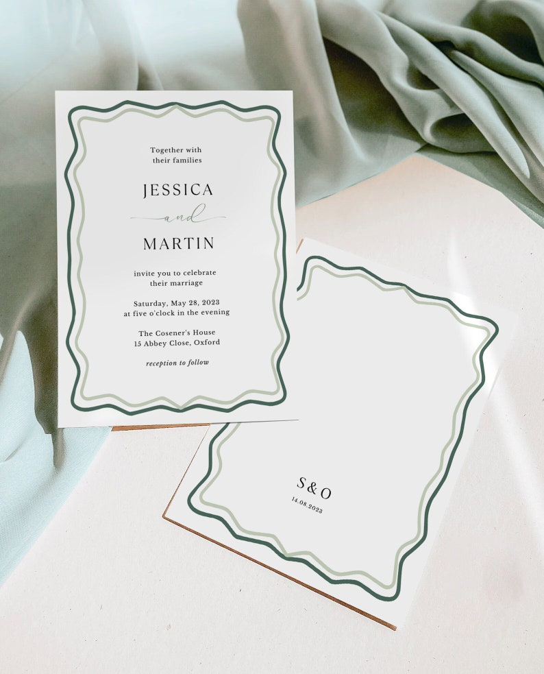 May include: A wedding invitation with a green and white border. The invitation reads "Together with their families Jessica and Martin invite you to celebrate their marriage Saturday, May 28, 2023 at five o'clock in the evening The Cosener's House 15 Abbey Close, Oxford reception to follow". A smaller card with a similar border reads "S & O 14.08.2023".